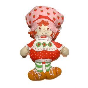 Vintage 80s Strawberry Shortcake Plush Toy Doll Pillow Handmade Cottagecore